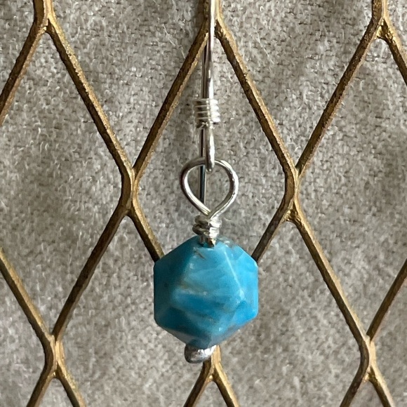 Natural Blue Apatite Sterling Silver Wire Wrapped Dainty Drop Earrings –Handmade - Picture 4 of 6